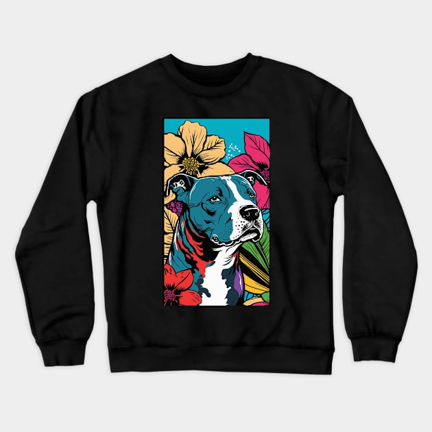 American Staffordshire Terrier PitBull Dog Vibrant Tropical Flower Tall Retro Vintage Digital Pop Art Portrait 2 Crewneck Sweatshirt by ArtHouseFlunky